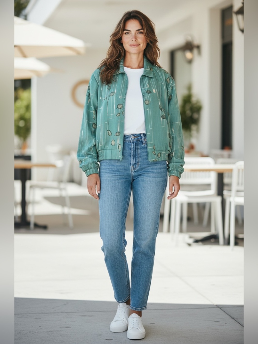 Vintage Lily Seafoam Green Leaf-Print Zip Bomber Jacket